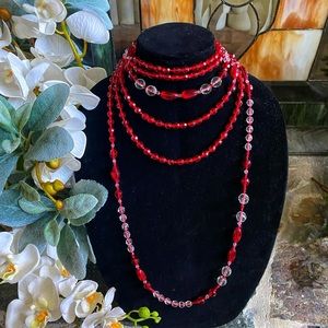 Vintage Red and Clear Glass Bead Necklace 56” Long